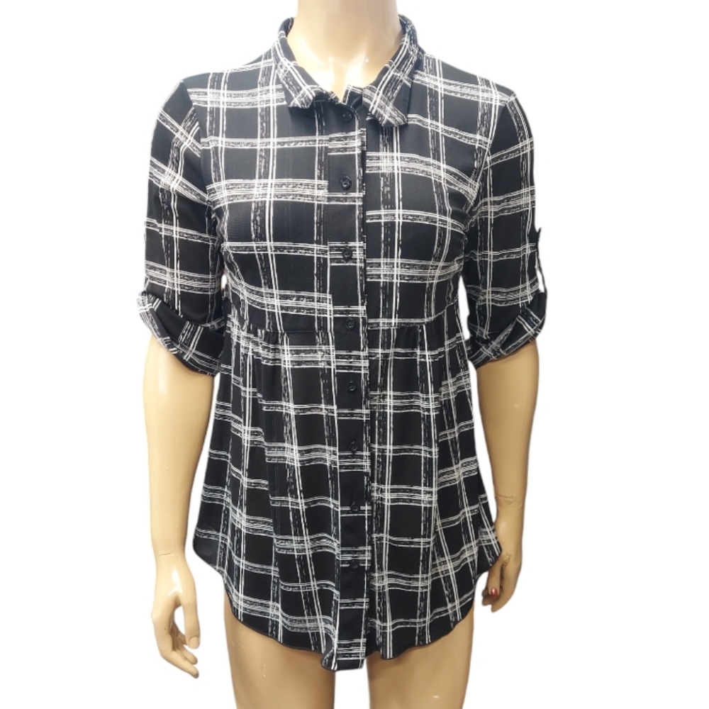 Style & Co Black White Plaid Toll Sleeve Flowy Button Down Blouse